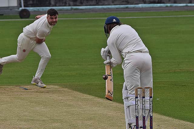 Stamford Bridge's Luke Smith draws a edge from Scarborough CC's Jack Redshaw to strike early. Photo by Simon Dobson