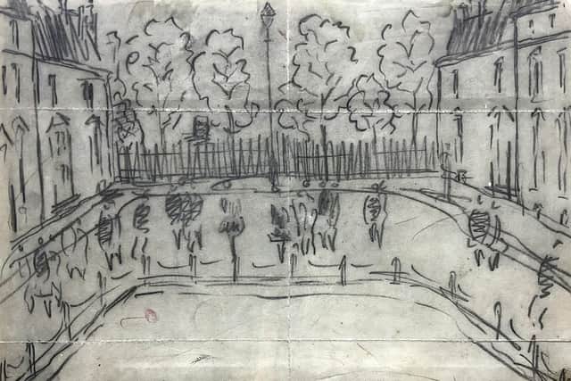 The Lowry pencil drawing of a Salford square.