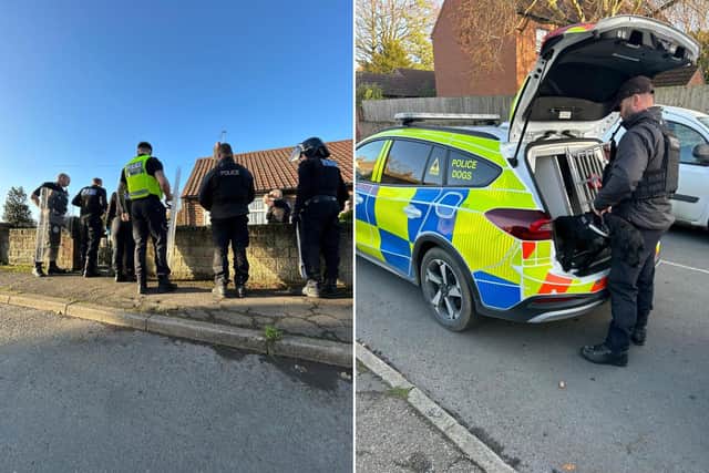 From left: Police officers executing a warrant; a dog unit supporting a drugs warrant.