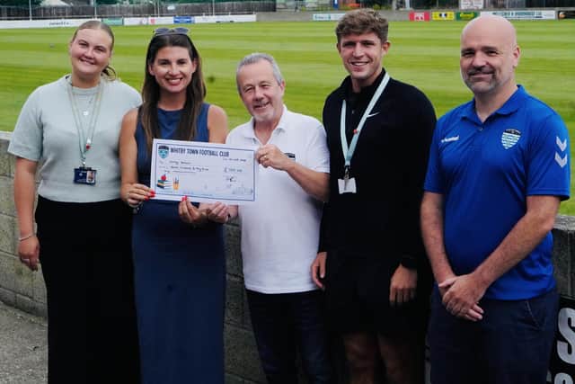 From left, Clementine Bentley (Whitby School), Kirsty Brown (Whitby School), Graeme Hinchliffe (Whitby Town), Soni Fergus (Whitby School) and Craig Moth (Whitby Town).