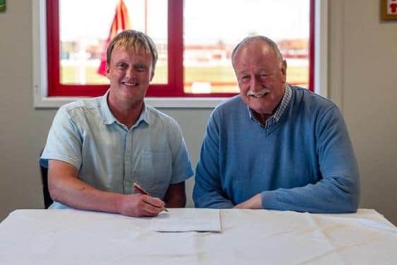 Pictured Bridlington Town AFC Chairman Dan Rogers And Scarborough Athletic Chairman Trevor Bull signing the groundshare agreement. Courtesy Safc