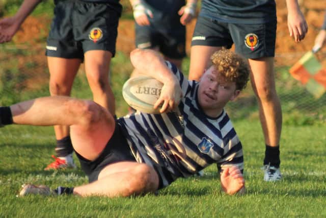 Will Husband scores his third try for Pocklington at Doncaster Phoenix. Photo by Phil Gilbank
