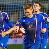 Harry Green, pictured celebrating scoring for Whitby last season, has joined Boro  PHOTOS BY BRIAN MURFIELD