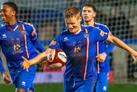 Harry Green, pictured celebrating scoring for Whitby last season, has joined Boro  PHOTOS BY BRIAN MURFIELD