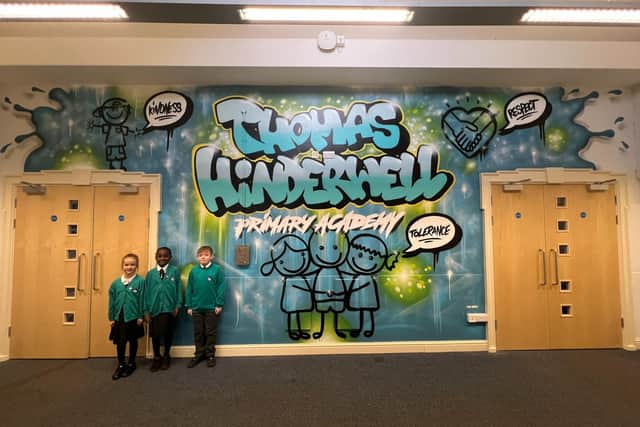 Pupil's have welcomed the new mural at Thomas Hinderwell Primary School created by Rew Nurse
