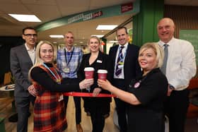 Scarborough Hospital reopens the refurbished RVS Tea Room  - Chris Gray, Penny Gilyard, Mark Stobart, Sam Ward, Mark Stead, Carley Barratt and Chris Bowes ready to cut the ribbon