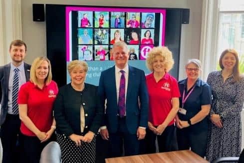 The Rt Hon Stuart Andrew alongside Councillor Anne Handley and Fitmums.