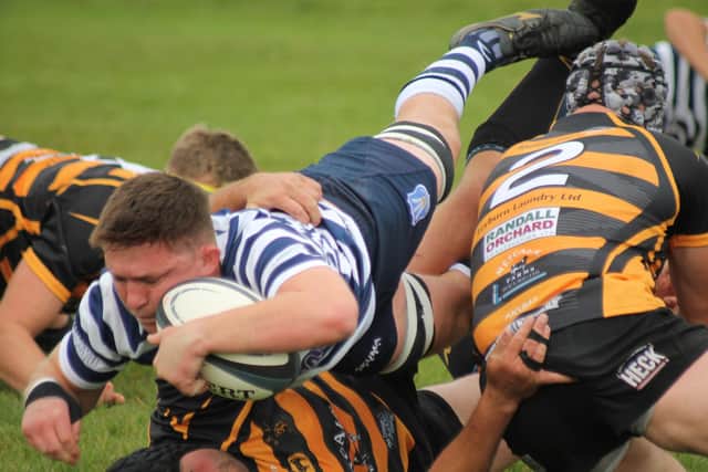 Will Sayer scoring Pocklington RUFC’s first league try of the season at Wensleydale. Photo by Phil Gilbank