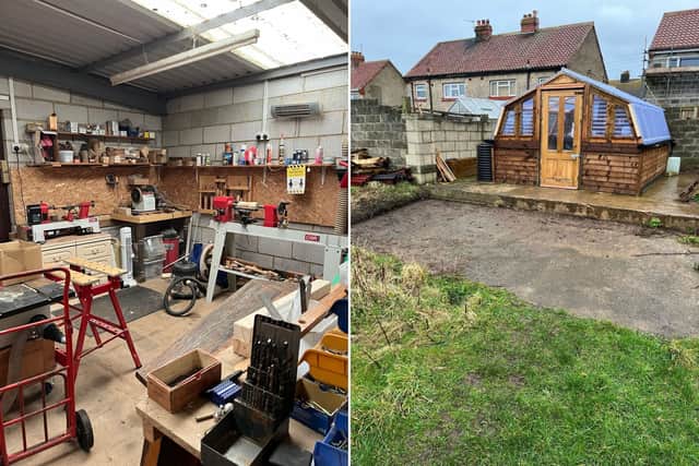 The merged images show the Staithes Men's Shed workshop, and greenhouse area.