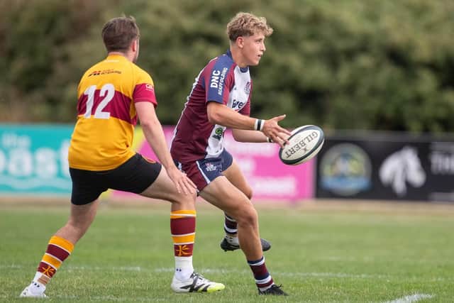 Jack Glansfield in action against Douglas on his Scarborough RUFC debut. Photo by Disport photography