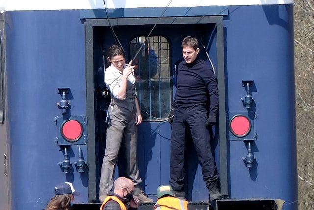 The filming takes place on the back of a specially designed train carriage.