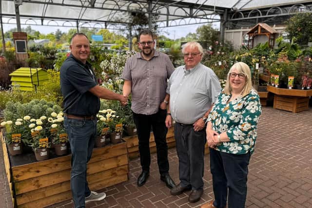 Charles Stubbs welcomes James, Robert and Janet Ducker of Langlands into the British Garden Centres family