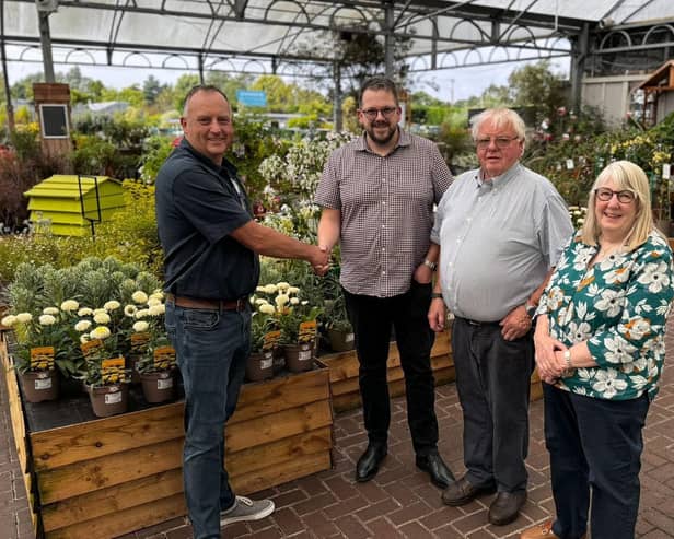 Charles Stubbs welcomes James, Robert and Janet Ducker of Langlands into the British Garden Centres family
