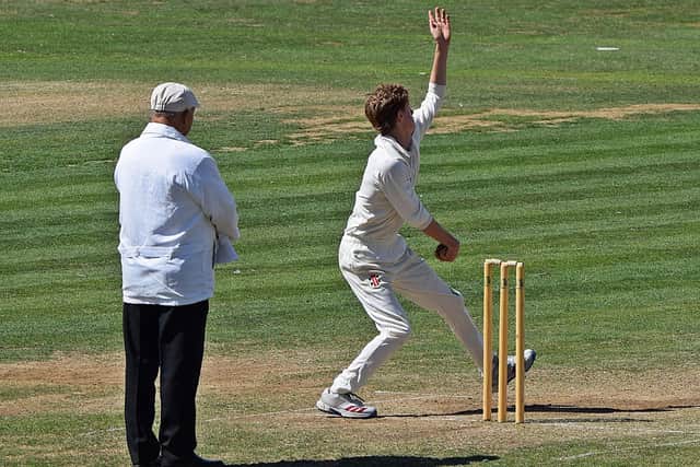 Scarborough CC 2nds' Alfie Denton in bowling action in the home win against Glaisdale. Photo by Simon Dobson