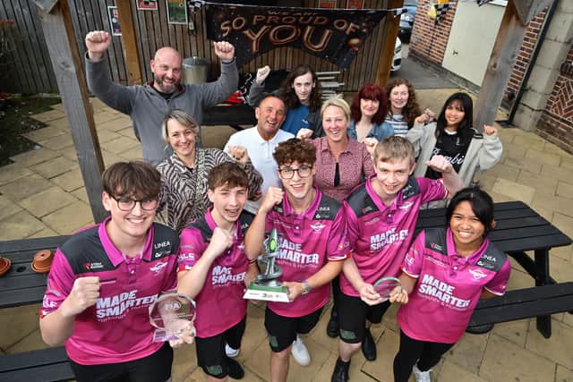 Joey Canning, Billy Fields, Ryan Gharib, Jack Metcalfe and Mandy Olega with family supporters and Will Boston