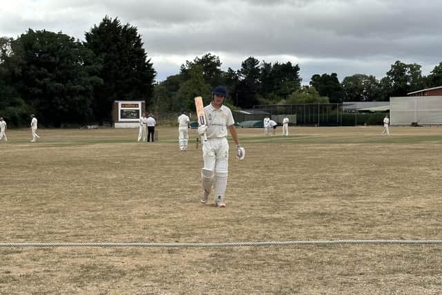 Pocklington CC's Lewis Chaplin celebrates his maiden century for the club in the loss to Pixies.