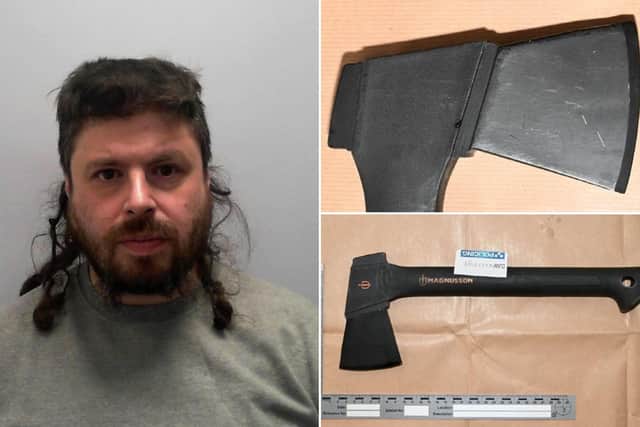 Clockwise from left: defendant Graham Moore, 38, who was jailed; and the two axes seized by the police.