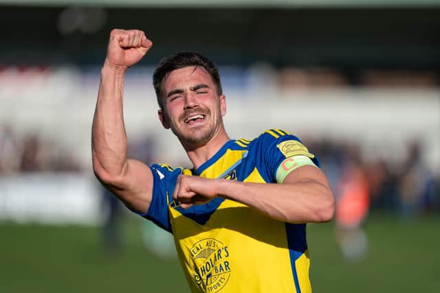 Boro captain Will Thornton celebrates with the Seadog Army after his late header secured all three points at Darlington on Good Friday. Photo by Wandering Photography