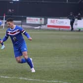 Skipper Jassem Sukar in action for Whitby Town in the 5-0 loss at Ashton United.