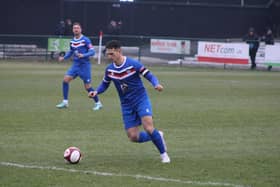 Skipper Jassem Sukar in action for Whitby Town in the 5-0 loss at Ashton United.