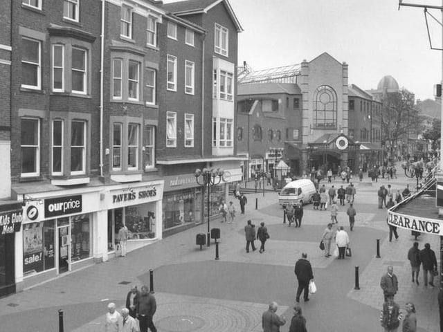 Our Price, Burger King, Radio Rentals and, on the Aberdeen Walk corner, Famous Army Stores, pictured in May 1997.