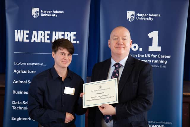 Joe receiving his Placement Award from Harper Adams University Vice-Chancellor Professor Ken Sloan. Photo credit: Harper Adams University.