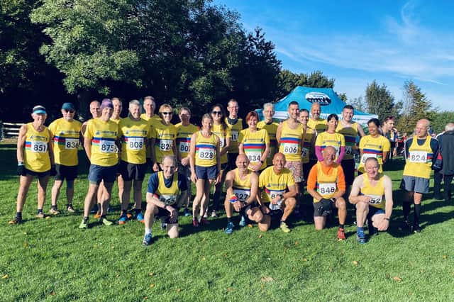 The Scarborough AC team line up at the East Yorkshire Cross Country League opener at Wetwang last Sunday
