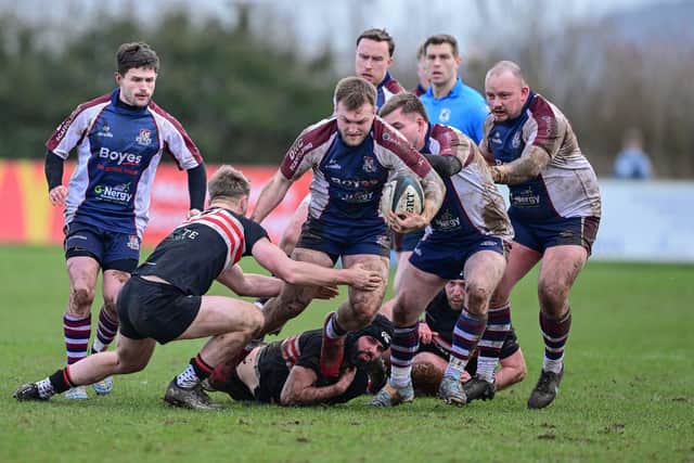Drew Govier carrying ball during Scarborough's win against Old Brods. Photo by Andy Standing
