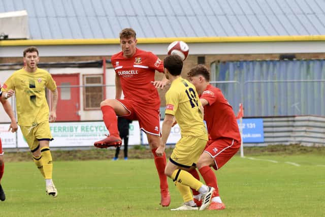 Brid Town's Simon Heslop was cautioned at Carlton Town. Photos by TCF Photography
