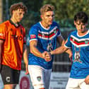 Jake Charles, left, is congratulated after making it 1-0 against Blyth Spartans. Photo by Brian Murfield