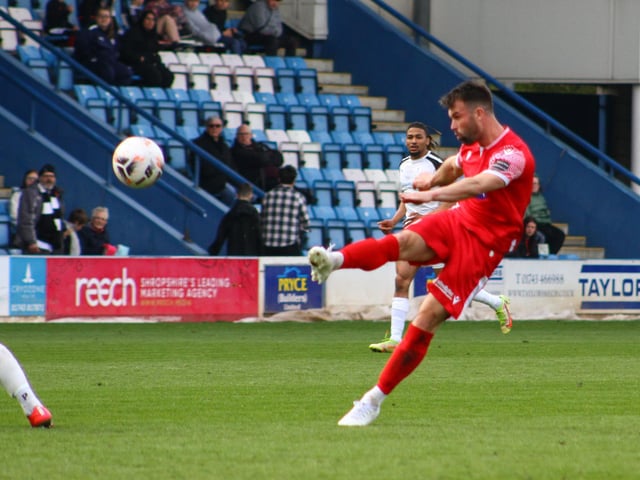 Ryan Watson fires at the Telford goal.