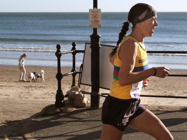 Rhona Marshall of Scarborough AC races to finish as the first female at the Scarborough 10k 2022. Photo by Richard Ponter