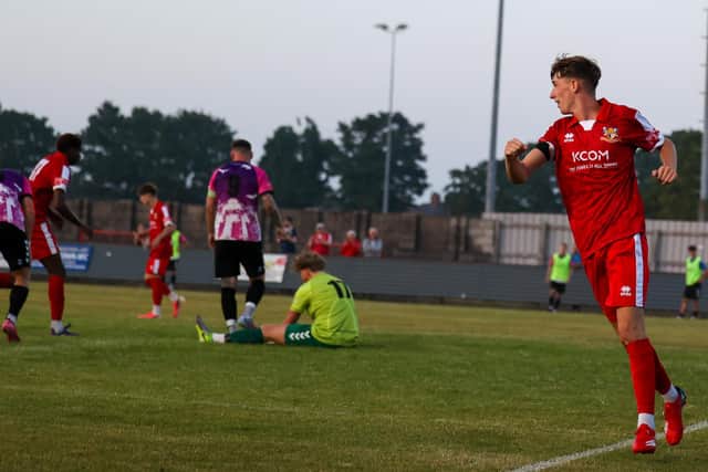Riley Cooper, pictured celebrating his pre-season goal against Whitby for Town's first team, scored in the U18s’ cup win at Liversedge. Photo: EC Media