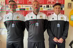 From left, Brid Town goalkeeper coach Marc Wain, manager Denny Ingram and assistant manager Michael Coulson.