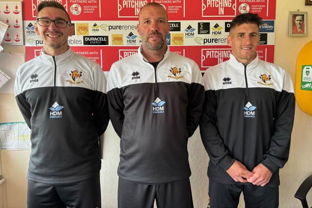 From left, Brid Town goalkeeper coach Marc Wain, manager Denny Ingram and assistant manager Michael Coulson.