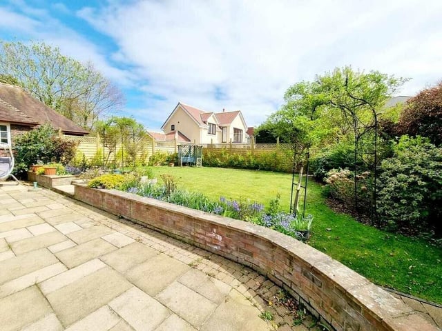 The mature, south-facing garden with well-stocked borders.
