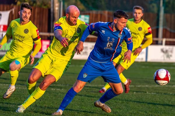 Priestley Griffiths in action for Whitby Town during their home defeat at the hands of Lancaster City PHOTOS BY BRIAN MURFIELD