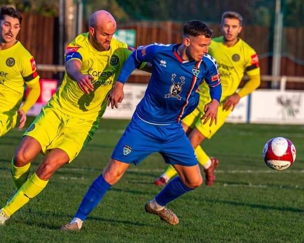 Priestley Griffiths in action for Whitby Town during their home defeat at the hands of Lancaster City PHOTOS BY BRIAN MURFIELD