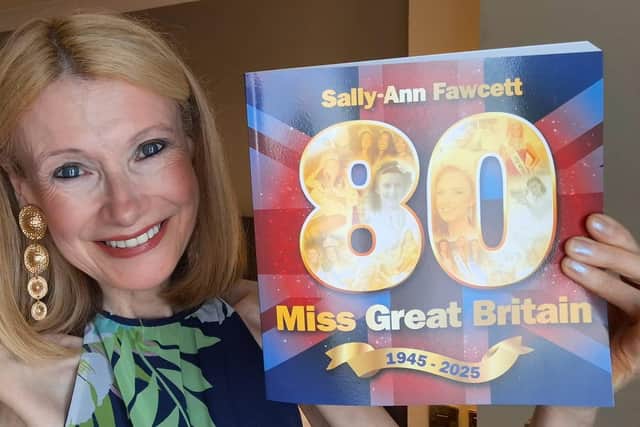 Sally-Ann Fawcett with her new book 80 - Miss Great Britain 1945-2025
