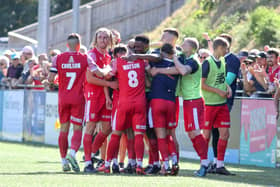 Scarborough Athletic celebrate the leveller scored by Lewis Maloney in the 1-1 home draw against Boston United on August 27.