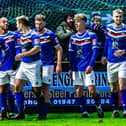 Blues players celebrate Junior MOndal's second goal in the 3-0 home win against Ilkeston Town on New Year's Day. PHOTO: BRIAN MURFIELD