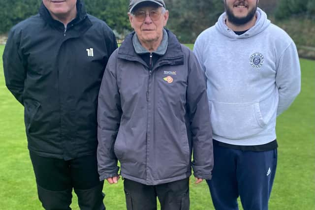 From left,North Cliff singles merit winner Alan Landers, North Cliff BC President David Hill and runner-up.Adam Chilvers.