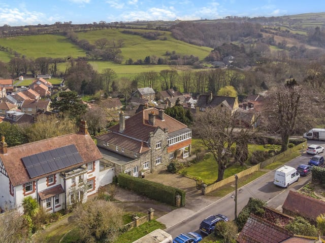 An aerial view of the property and its beautiful location.