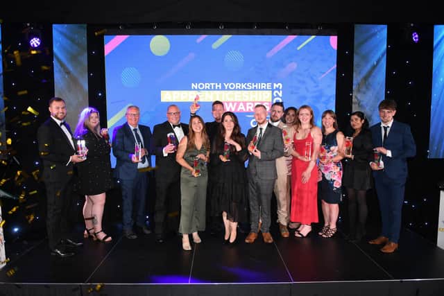 Winners on stage at the North Yorkshire Apprenticeship Awards 2023 at York Racecourse.
Picture Gerard Binks