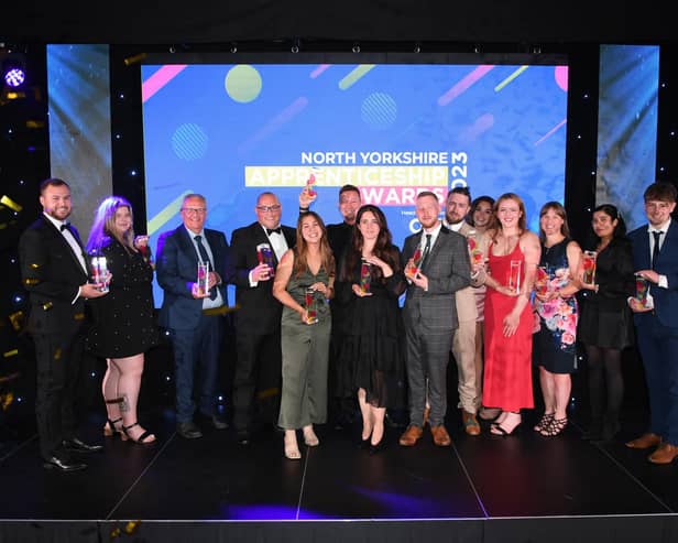 Winners on stage at the North Yorkshire Apprenticeship Awards 2023 at York Racecourse.
Picture Gerard Binks