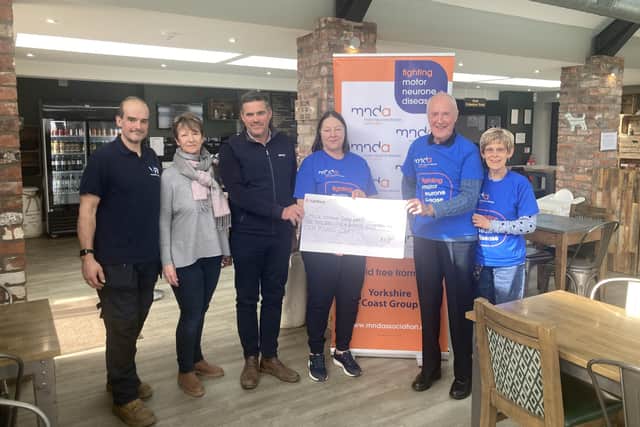 Left to right: Tony and Chysta Newman, MNDA Yorkshire Coast Group; Mark Jackson, owner of The Cowshed; Jane Tye, MNDA Yorkshire Coast Group Liaison; Derek and Diane Edwards, MNDA Yorkshire Coast Group.