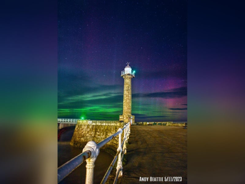 Wonderful picture of the aurora over Whitby pier ends, by Andy Beattie.