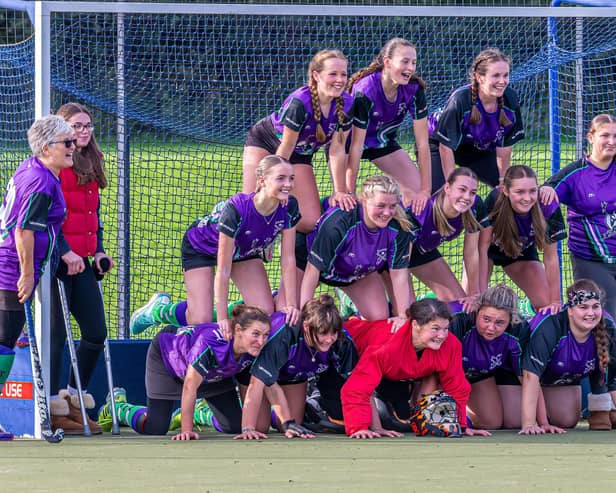 Danby Ladies 2s with the post-match "victory pyramid". PHOTOS BY BRIAN MURFIELD