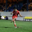 Bridlington Town's Ahmed Salam fires at the Stocksbridge Park Steels goal. Photo by Ewan Cameron