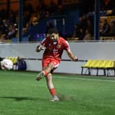Bridlington Town's Ahmed Salam fires at the Stocksbridge Park Steels goal. Photo by Ewan Cameron